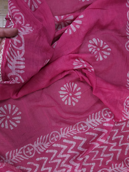 Rani Pink Mul Cotton Handwork Semi-stitched Suit Set with Dupatta| 3 Piece Suit Set