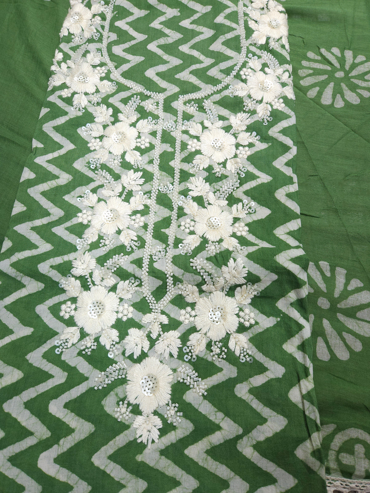 Green Mul Cotton Handwork Semi-stitched Suit Set with Dupatta| 3 Piece Suit Set