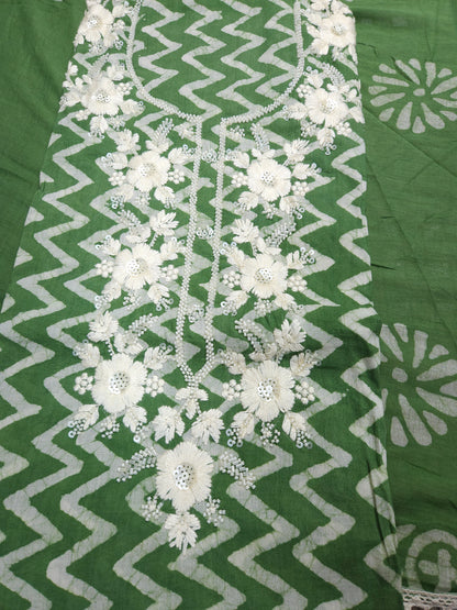 Green Mul Cotton Handwork Semi-stitched Suit Set with Dupatta| 3 Piece Suit Set