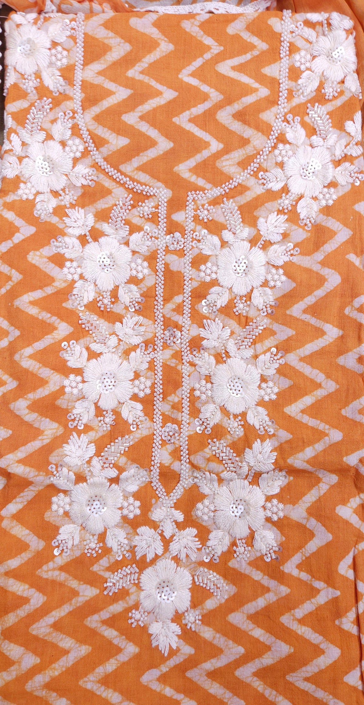 Orange Mul Cotton Handwork Semi-stitched Suit Set with Dupatta| 3 Piece Suit Set