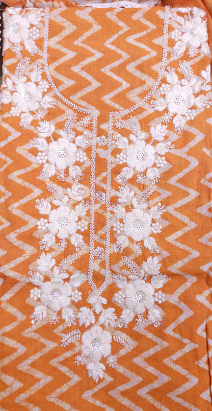 Orange Mul Cotton Handwork Semi-stitched Suit Set with Dupatta| 3 Piece Suit Set