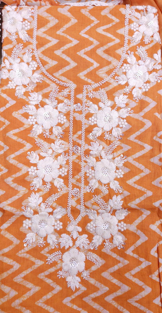 Orange Mul Cotton Handwork Semi-stitched Suit Set with Dupatta| 3 Piece Suit Set