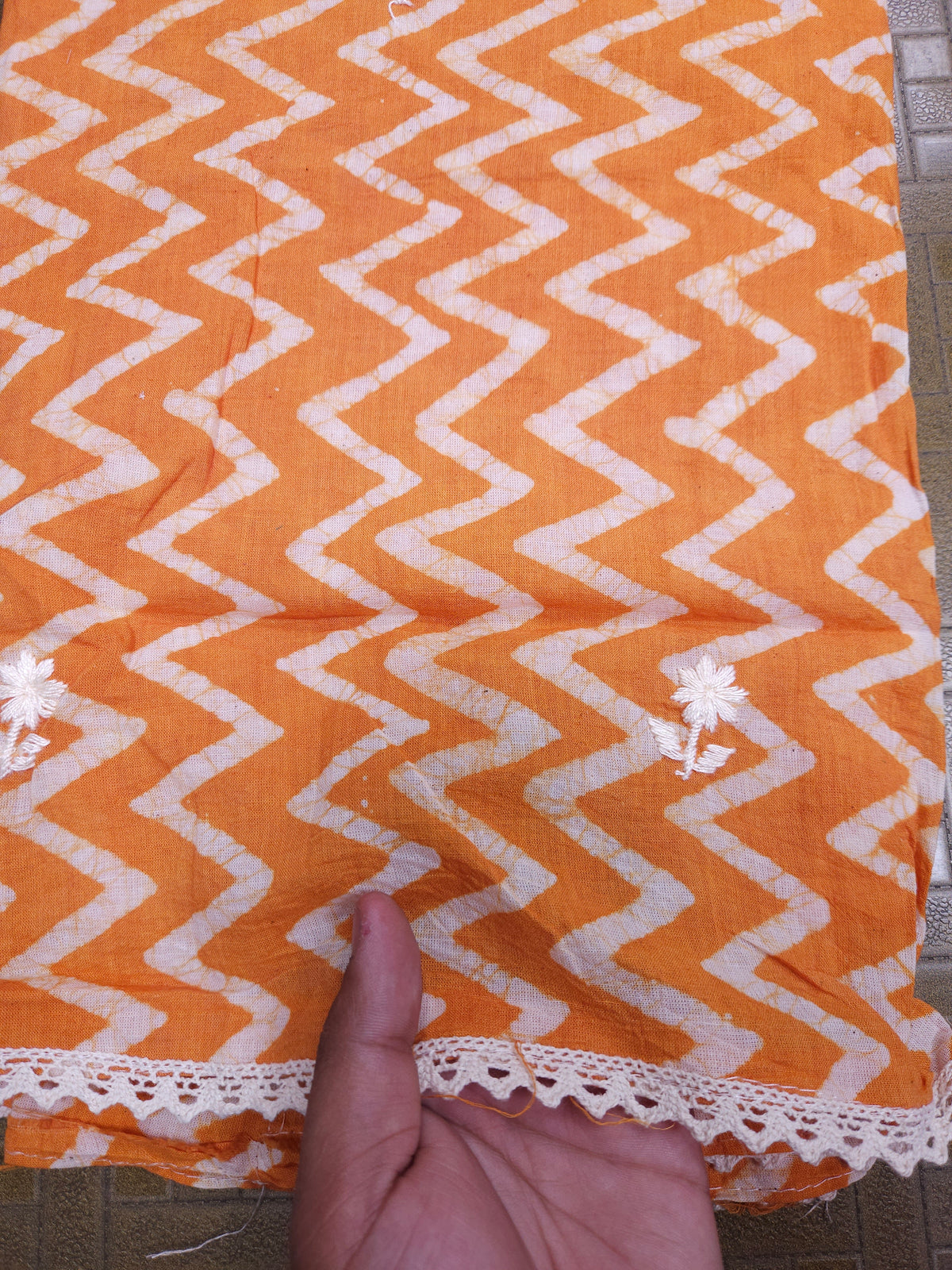 Orange Mul Cotton Handwork Semi-stitched Suit Set with Dupatta| 3 Piece Suit Set