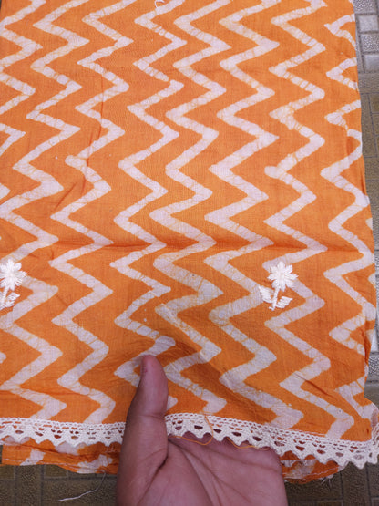Orange Mul Cotton Handwork Semi-stitched Suit Set with Dupatta| 3 Piece Suit Set