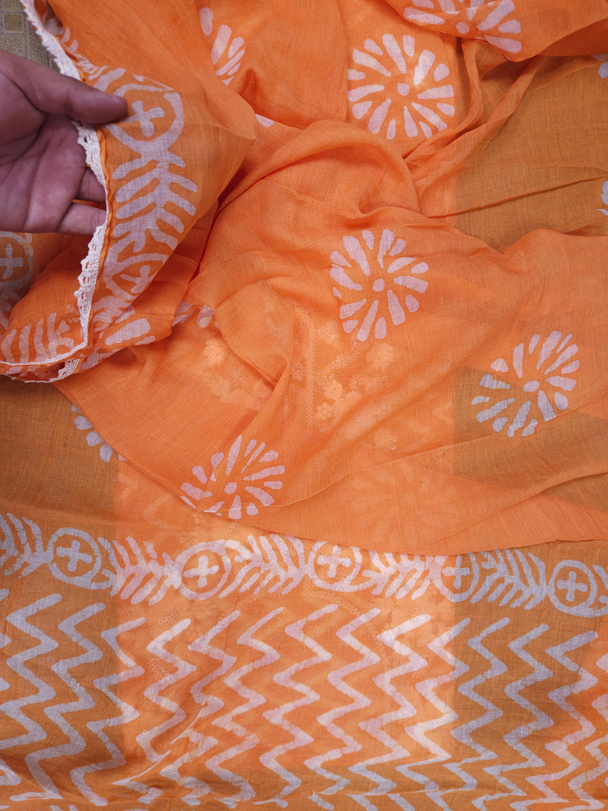 Orange Mul Cotton Handwork Semi-stitched Suit Set with Dupatta| 3 Piece Suit Set