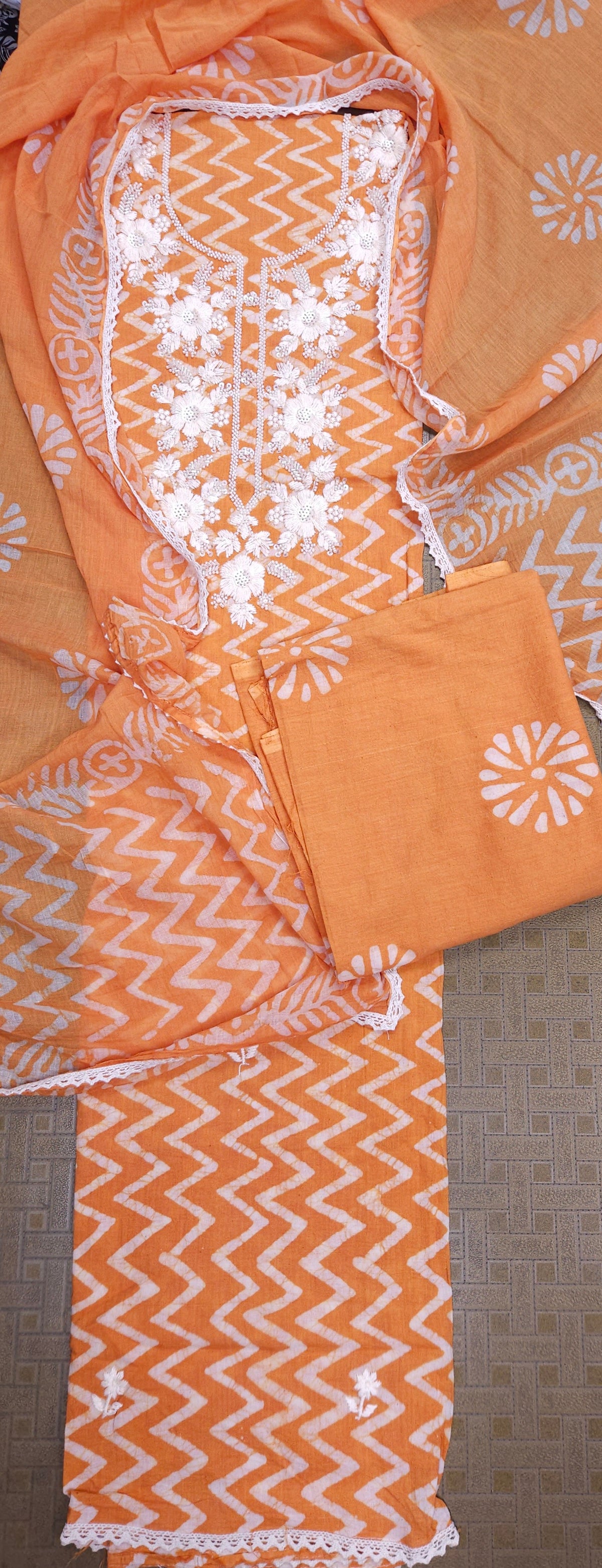 Orange Mul Cotton Handwork Semi-stitched Suit Set with Dupatta| 3 Piece Suit Set