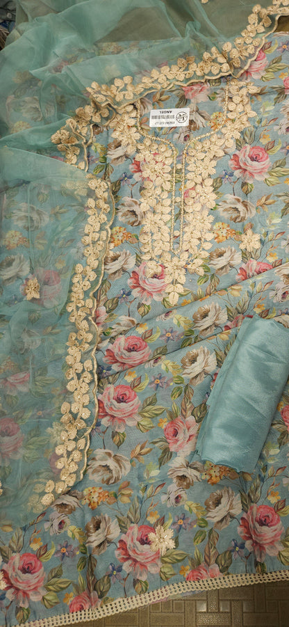 Sky Blue Printed Linen Semi-stitched Suit Set with Cotton Bottom & Organza Dupatta | 3Piece Suit Set