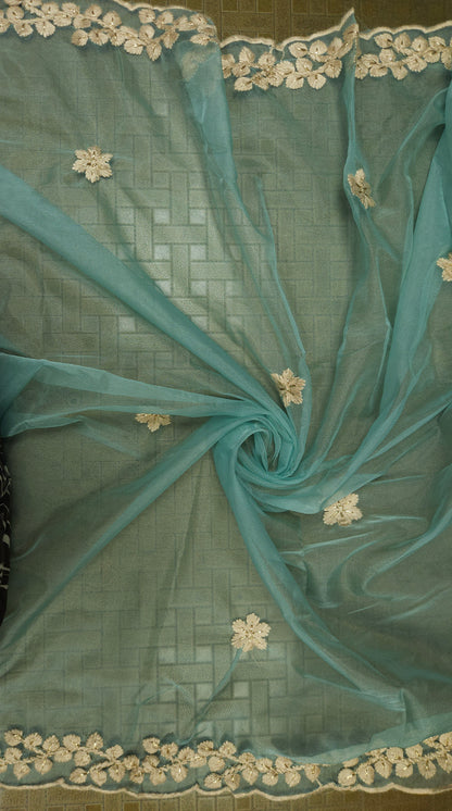 Sky Blue Printed Linen Semi-stitched Suit Set with Cotton Bottom & Organza Dupatta | 3Piece Suit Set
