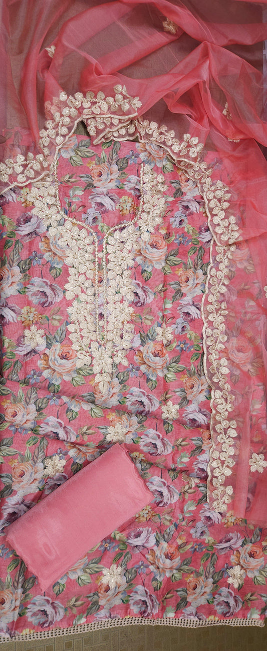 Peach Printed Linen Semi-stitched Suit Set with Shantoon Bottom & organza Dupatta | 3Piece Suit Set