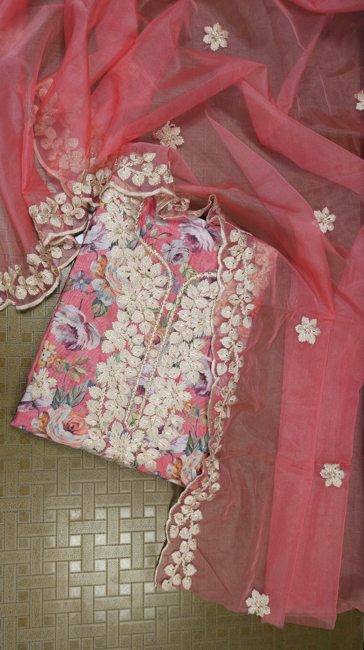Peach Printed Linen Semi-stitched Suit Set with Shantoon Bottom & organza Dupatta | 3Piece Suit Set