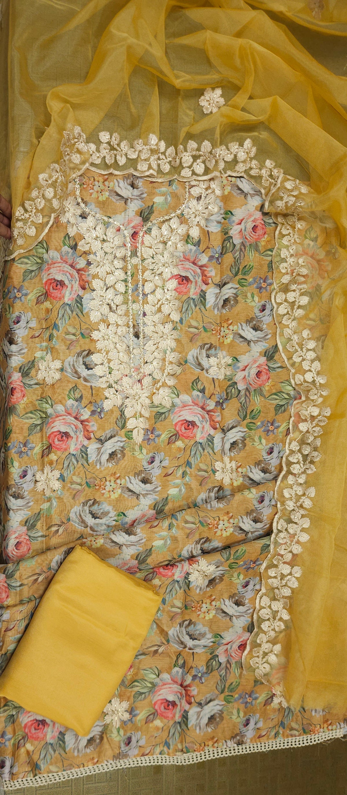 Mustard Printed Linen Semi-stitched Suit Set with Cotton Bottom & organza Dupatta | 3Piece Suit Set