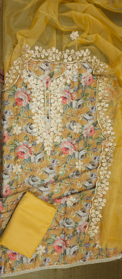 Mustard Printed Linen Semi-stitched Suit Set with Cotton Bottom & organza Dupatta | 3Piece Suit Set