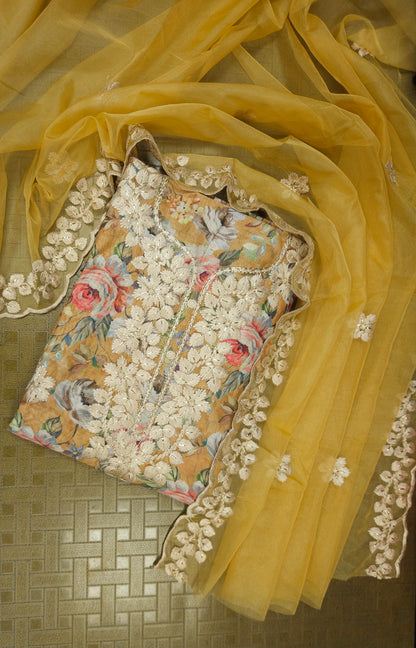Mustard Printed Linen Semi-stitched Suit Set with Cotton Bottom & organza Dupatta | 3Piece Suit Set