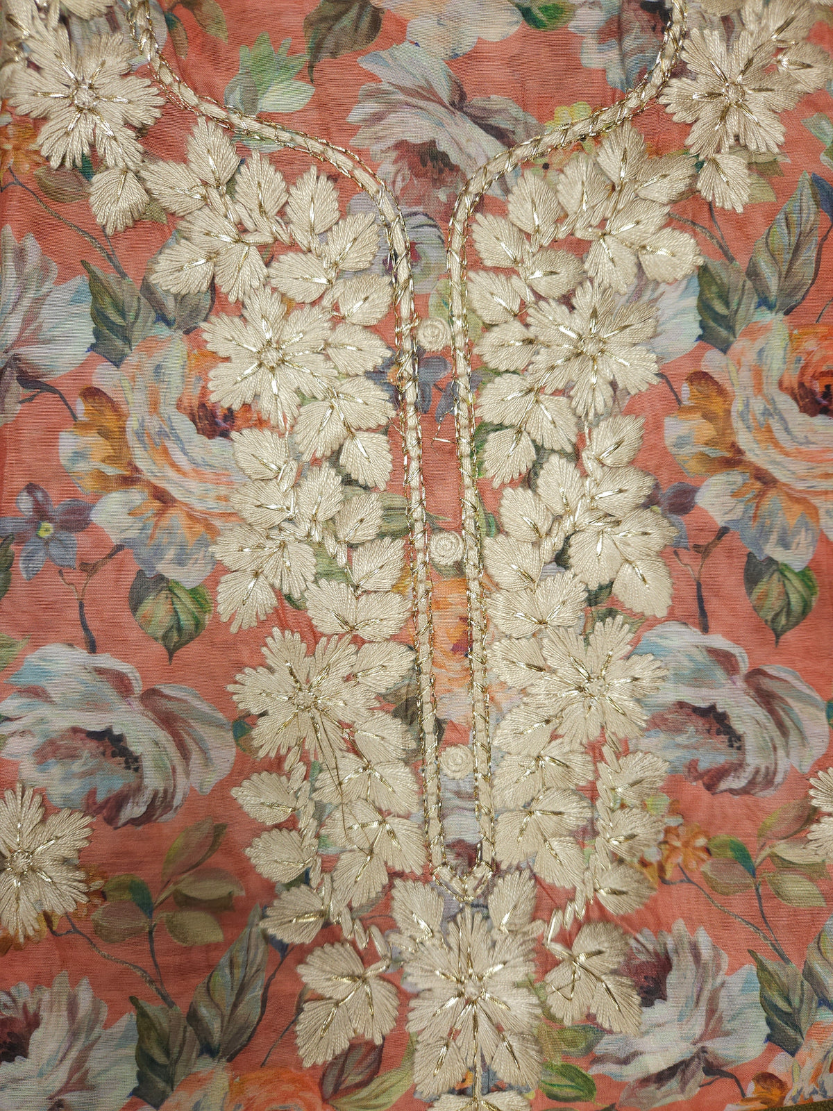 Carrot Color Printed Linen Semi-stitched Suit Set with Cotton Bottom & organza Dupatta | 3Piece Suit Set