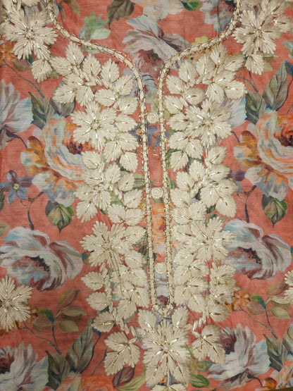 Carrot Color Printed Linen Semi-stitched Suit Set with Cotton Bottom & organza Dupatta | 3Piece Suit Set