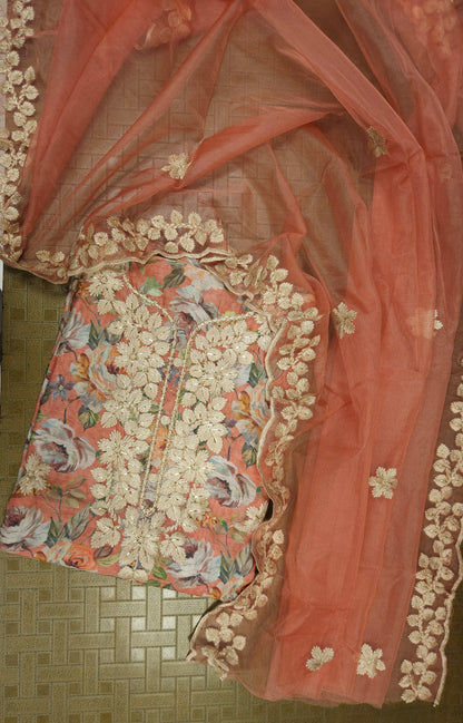 Carrot Color Printed Linen Semi-stitched Suit Set with Cotton Bottom & organza Dupatta | 3Piece Suit Set