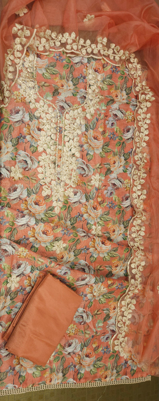 Carrot Color Printed Linen Semi-stitched Suit Set with Cotton Bottom & organza Dupatta | 3Piece Suit Set