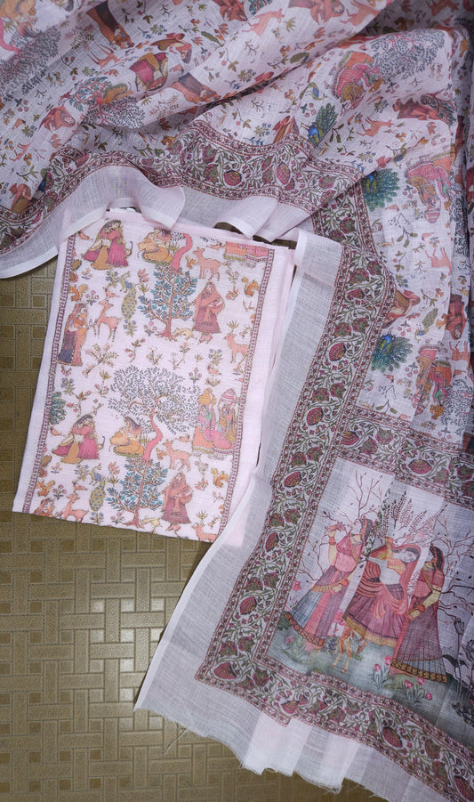 Lavender Printed Linen Semi-stitched Suit Set with Cotton Bottom & Linen Dupatta | 3Piece Suit Set
