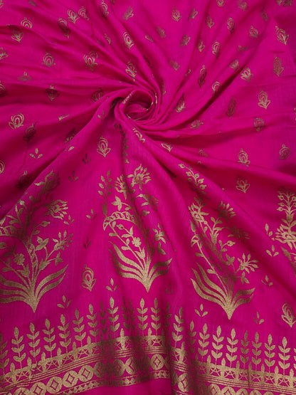 Fuchsia Mughal Motif Chanderi Silk fabric- 44inch