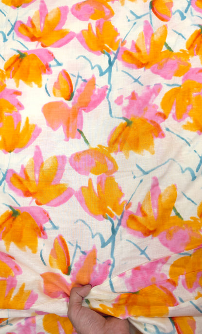 Yellow n Pink Drop Floral Printed Linen fabric