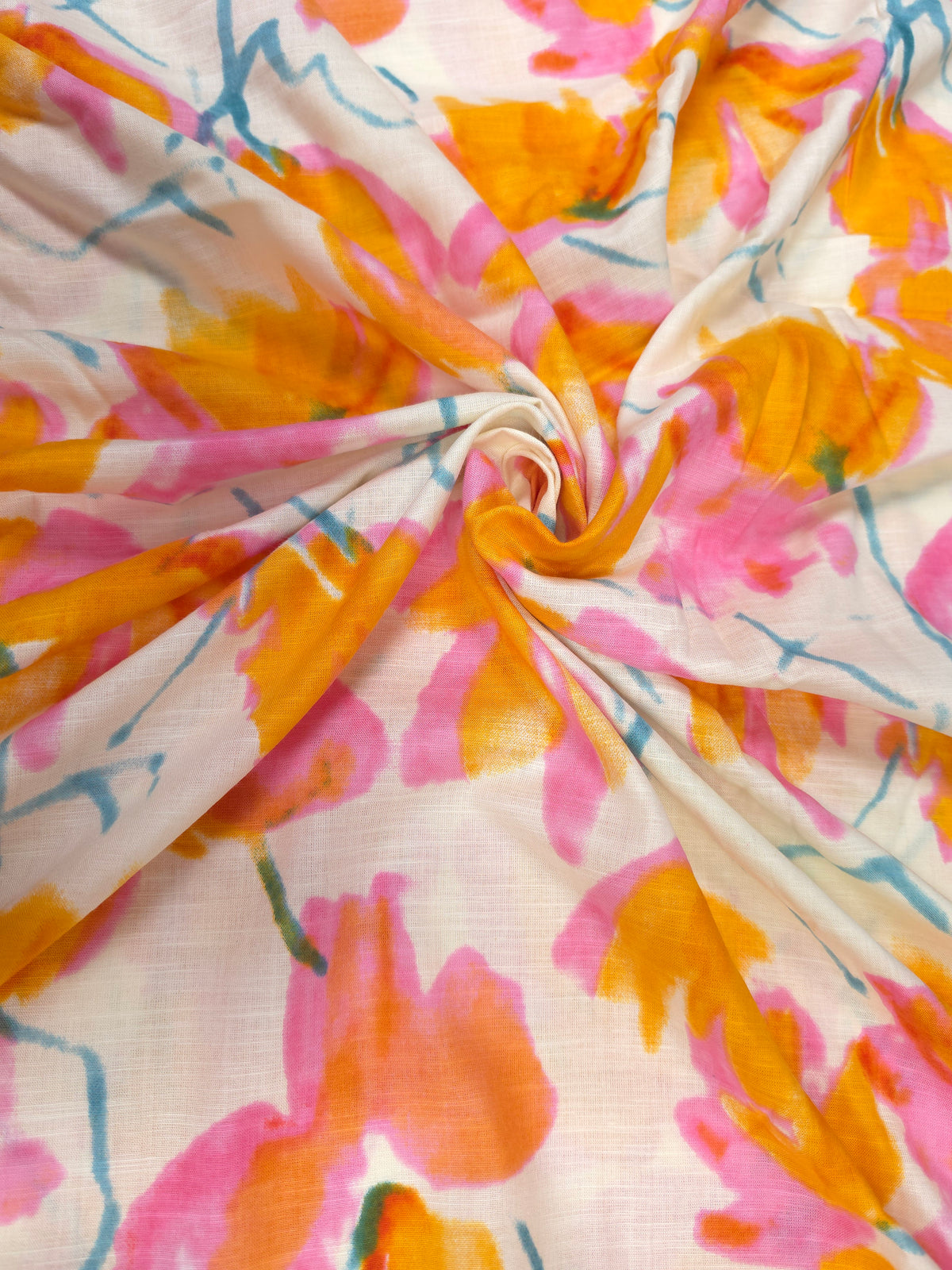 Yellow n Pink Drop Floral Printed Linen fabric