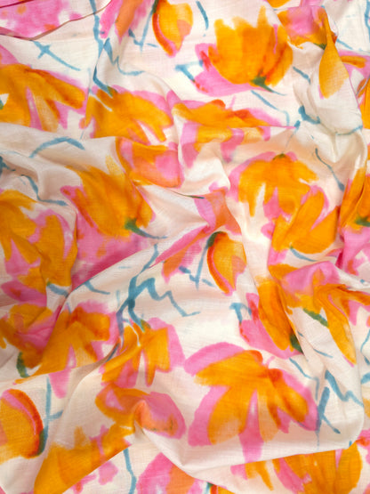 Yellow n Pink Drop Floral Printed Linen fabric