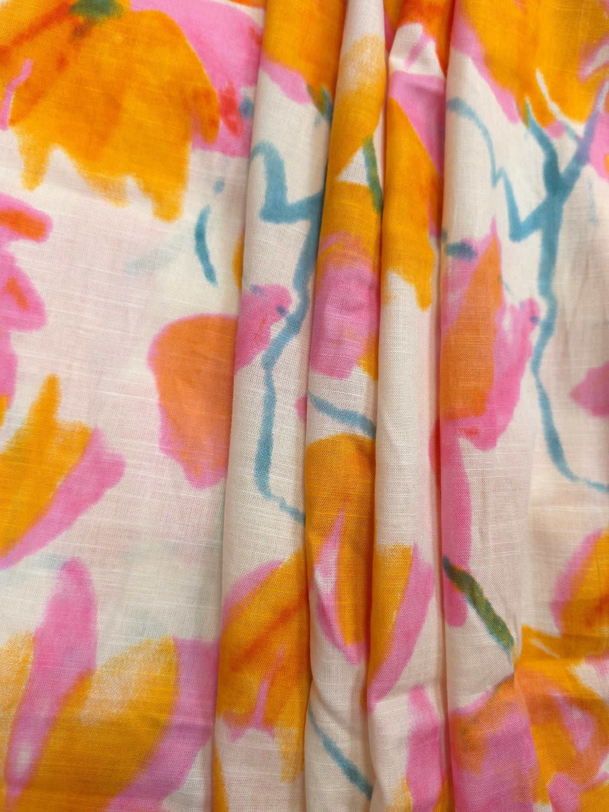 Yellow n Pink Drop Floral Printed Linen fabric