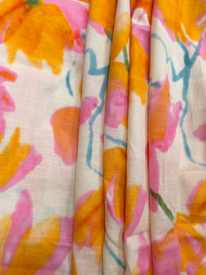 Yellow n Pink Drop Floral Printed Linen fabric