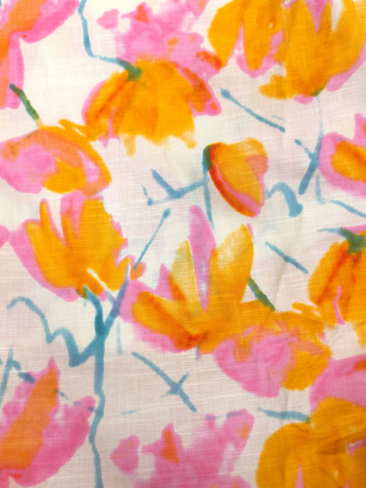 Yellow n Pink Drop Floral Printed Linen fabric