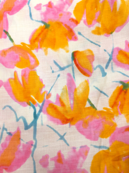 Yellow n Pink Drop Floral Printed Linen fabric