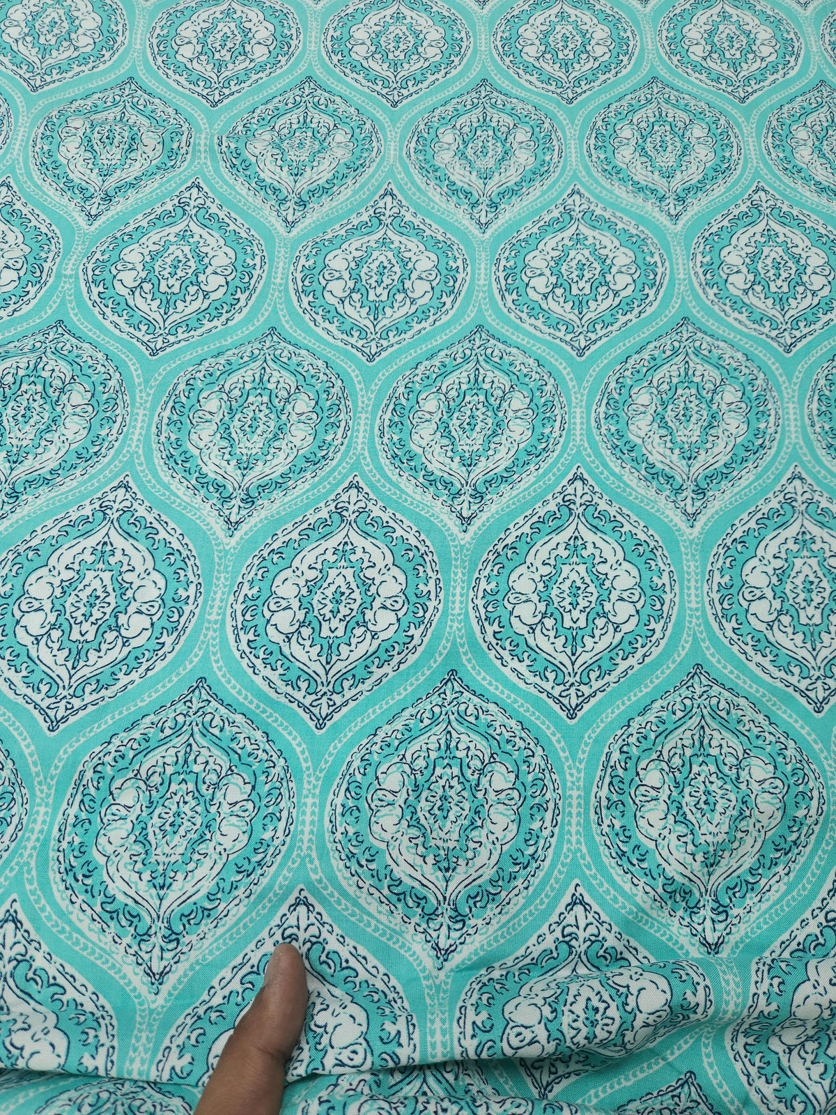 Turquoise Blue Floral Medallion Printed Modal Rayon Fabric – 60 Inch