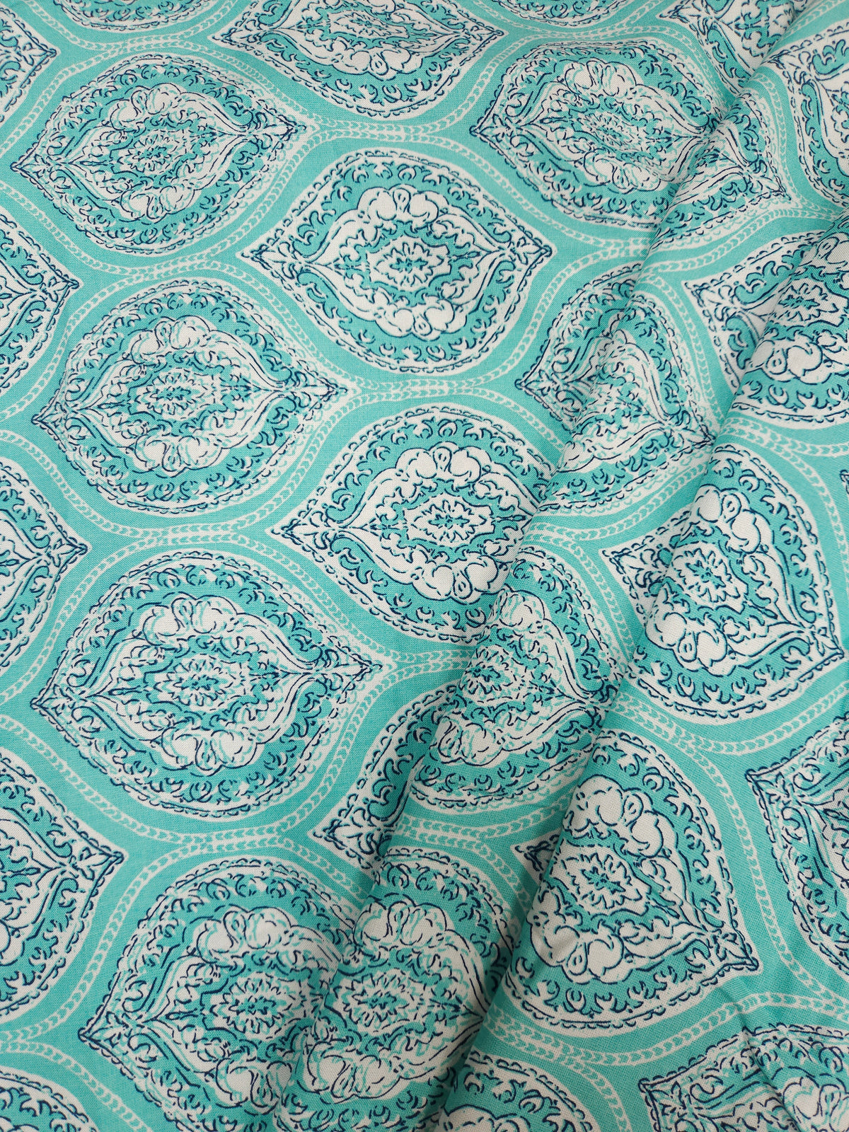 Turquoise Blue Floral Medallion Printed Modal Rayon Fabric – 60 Inch