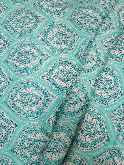 Turquoise Blue Floral Medallion Printed Modal Rayon Fabric – 60 Inch