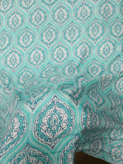 Turquoise Blue Floral Medallion Printed Modal Rayon Fabric – 60 Inch