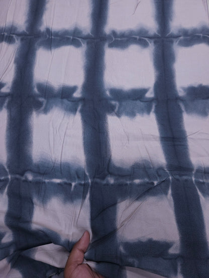 Blue & Creamy Tone Tie-Dye Check Printed Rayon Fabric – 60 Inch Width