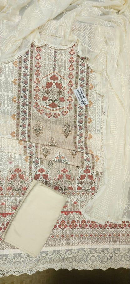 Georgette Embroidered Suit Set with Embroidered Border, Shantoon Bottom & Chiffon Dupatta