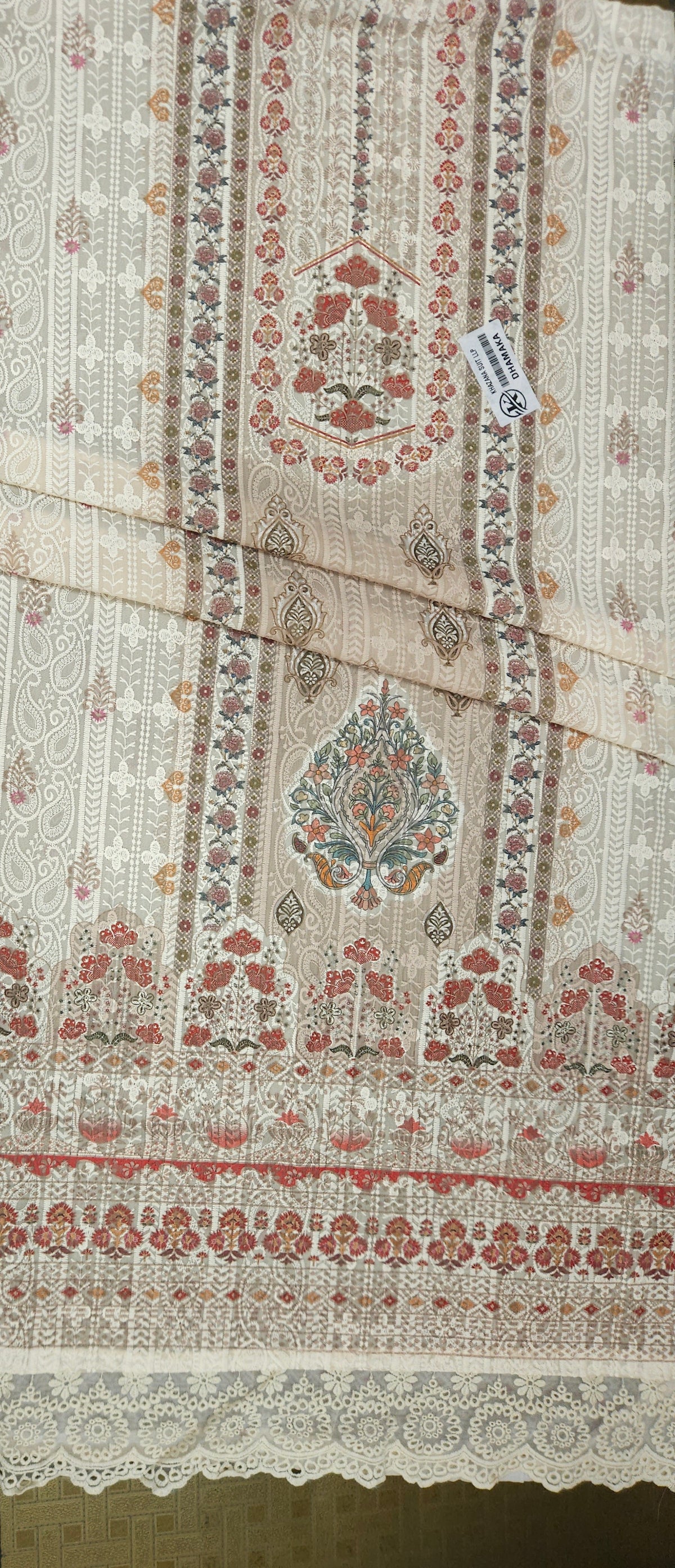 Georgette Embroidered Suit Set with Embroidered Border, Shantoon Bottom & Chiffon Dupatta