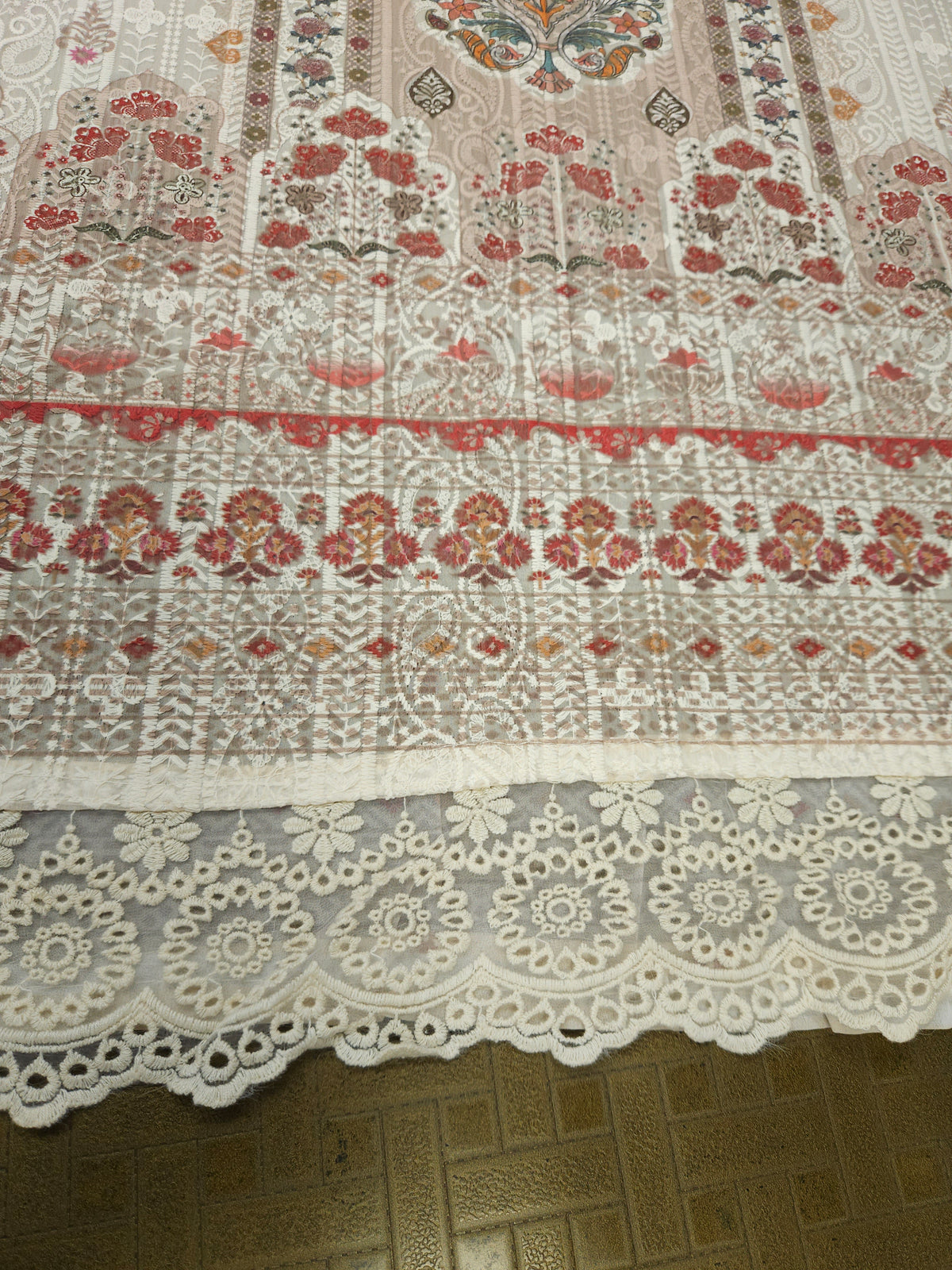 Georgette Embroidered Suit Set with Embroidered Border, Shantoon Bottom & Chiffon Dupatta