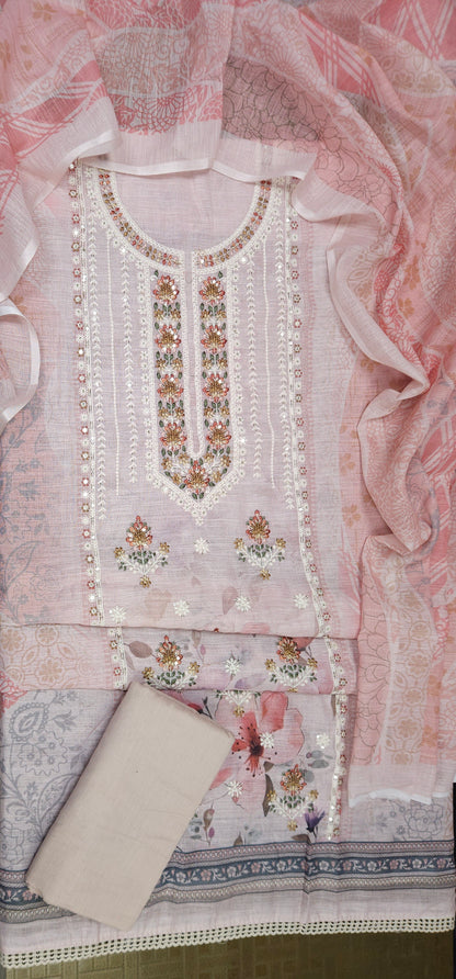 Chanderi Silk Embroidered Floral Suit Set with Pure Cotton Bottom & Chanderi Dupatta