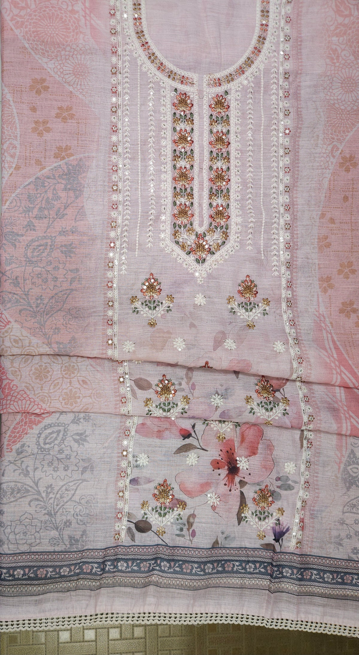 Chanderi Silk Embroidered Floral Suit Set with Pure Cotton Bottom & Chanderi Dupatta