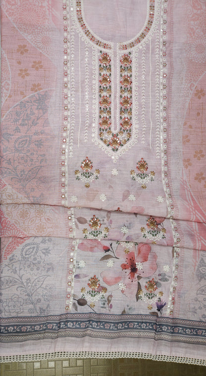 Chanderi Silk Embroidered Floral Suit Set with Pure Cotton Bottom & Chanderi Dupatta