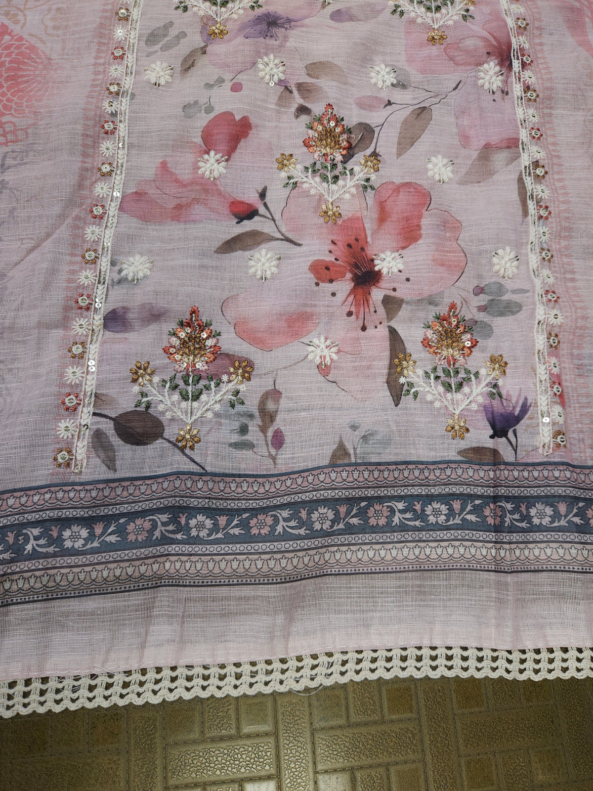 Chanderi Silk Embroidered Floral Suit Set with Pure Cotton Bottom & Chanderi Dupatta