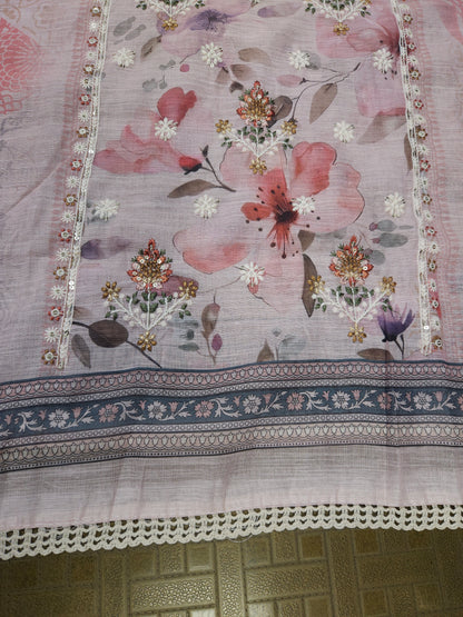 Chanderi Silk Embroidered Floral Suit Set with Pure Cotton Bottom & Chanderi Dupatta
