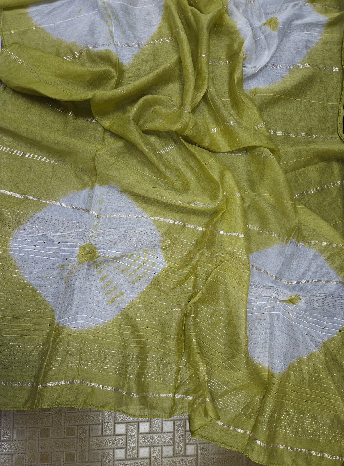 Olive Green Cotton Bandhani Printed Embroidered Suit Set with Muslin Dupatta