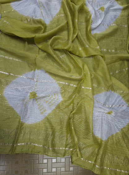 Olive Green Cotton Bandhani Printed Embroidered Suit Set with Muslin Dupatta