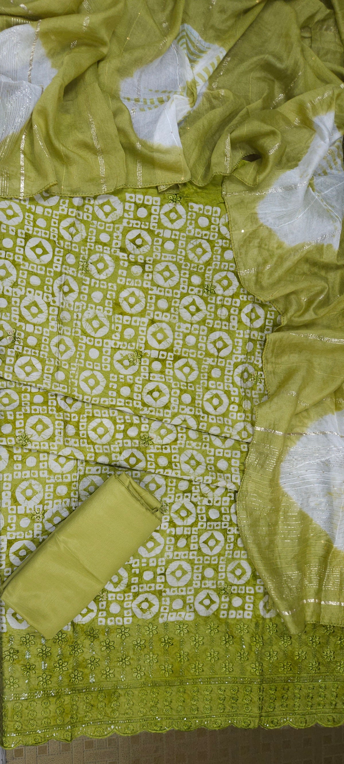 Olive Green Cotton Bandhani Printed Embroidered Suit Set with Muslin Dupatta