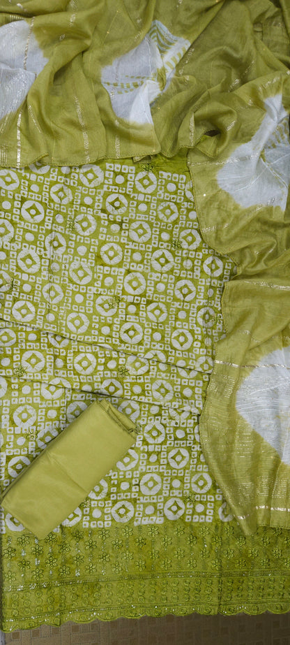 Olive Green Cotton Bandhani Printed Embroidered Suit Set with Muslin Dupatta