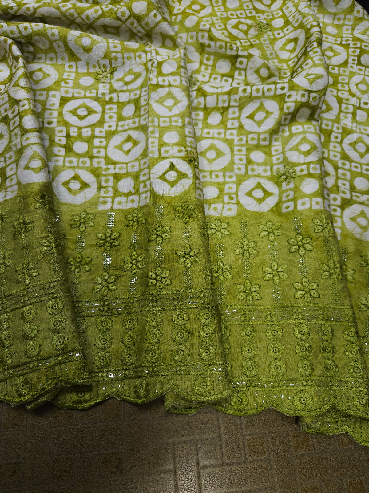 Olive Green Cotton Bandhani Printed Embroidered Suit Set with Muslin Dupatta