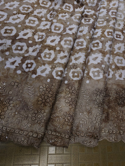 Beige Cotton Muslin Bandhani Print Embroidered Suit Set with Dupatta