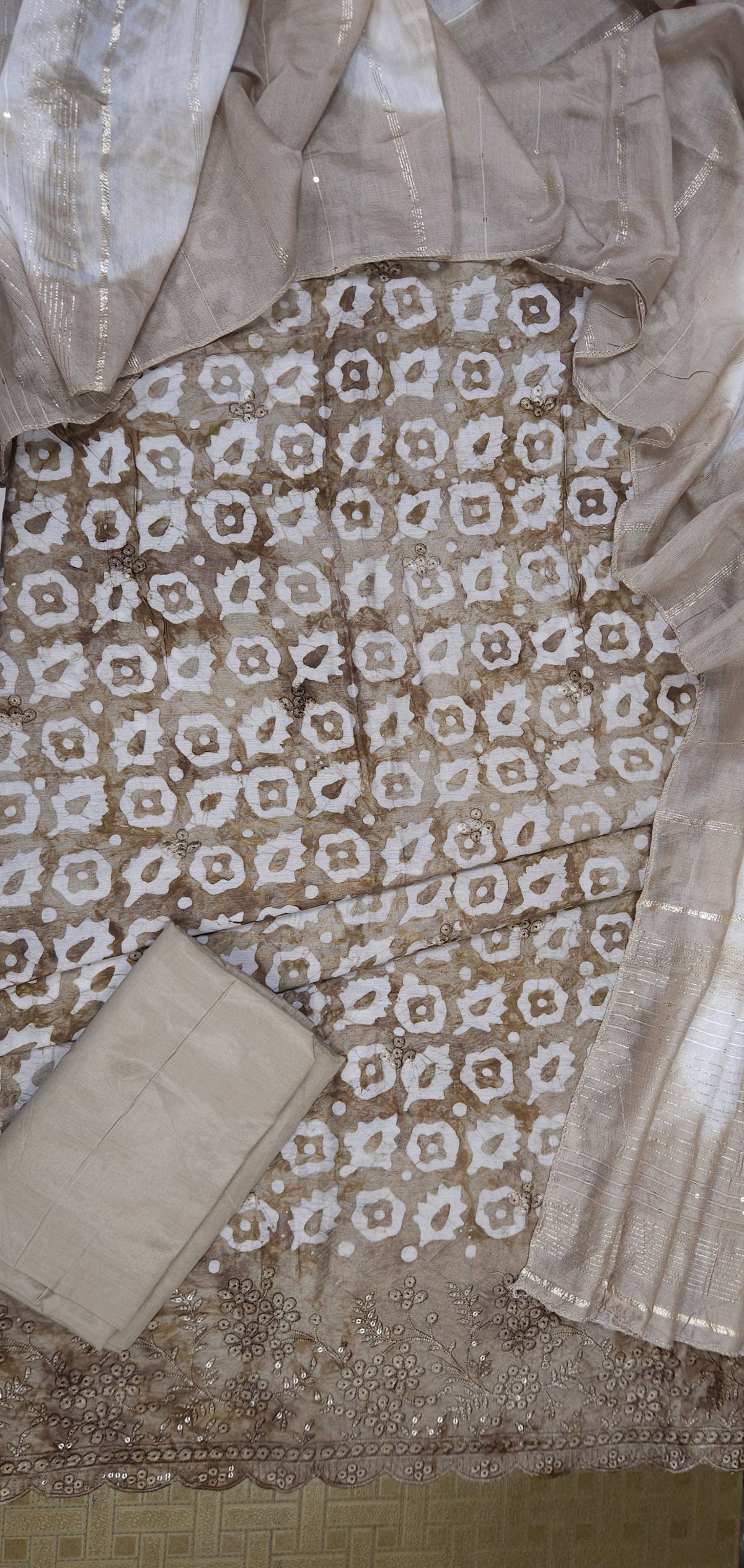 Beige Cotton Muslin Bandhani Print Embroidered Suit Set with Dupatta